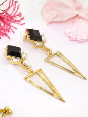 Gold Plated Geometric Drop Earrings for Women Black Crystal Resin Earrings